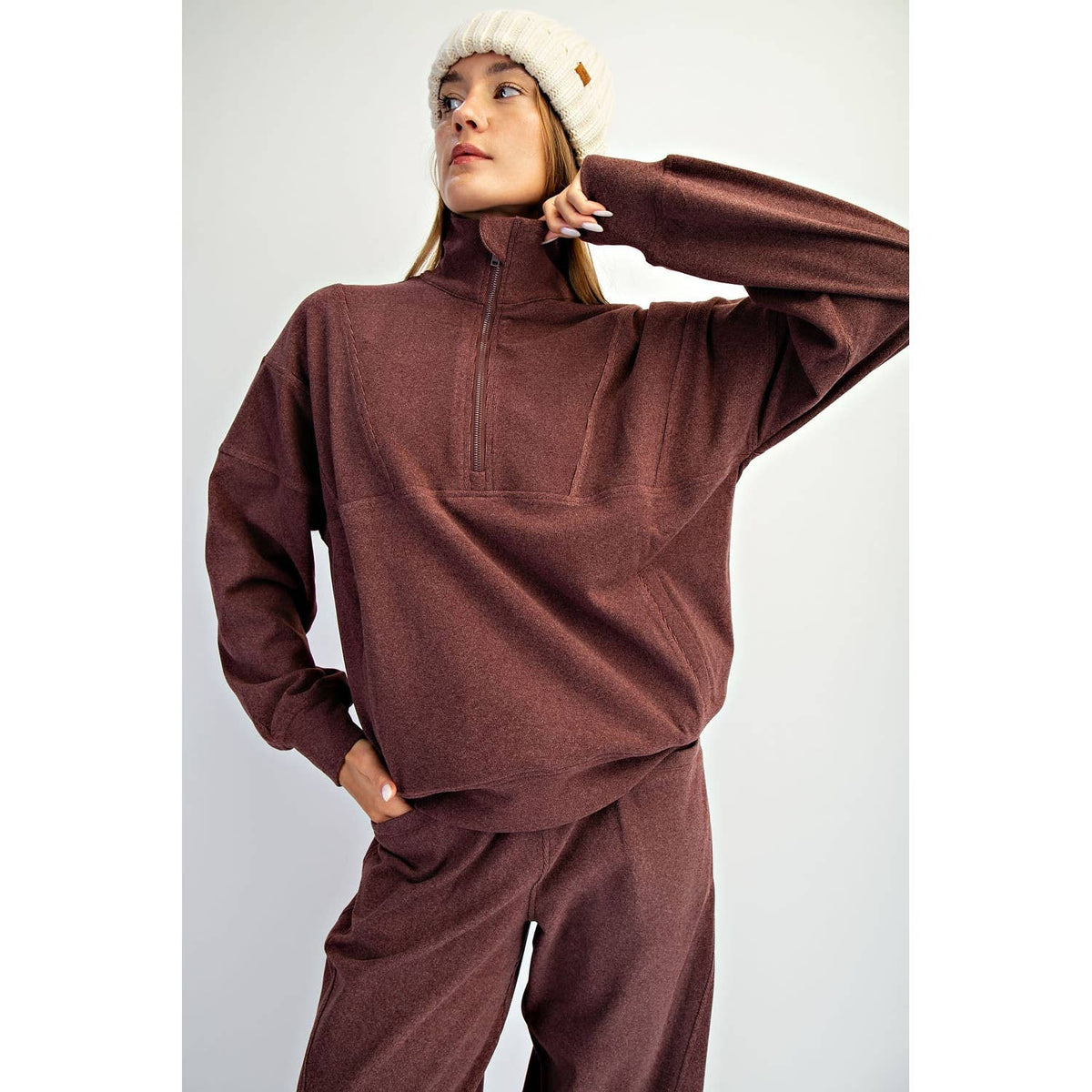 BRUSHED RIB QUARTER ZIP PULLOVER