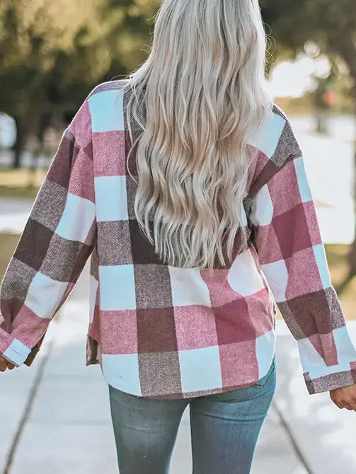Plaid Color Block Buttoned Long Sleeve Jacket with Pocket