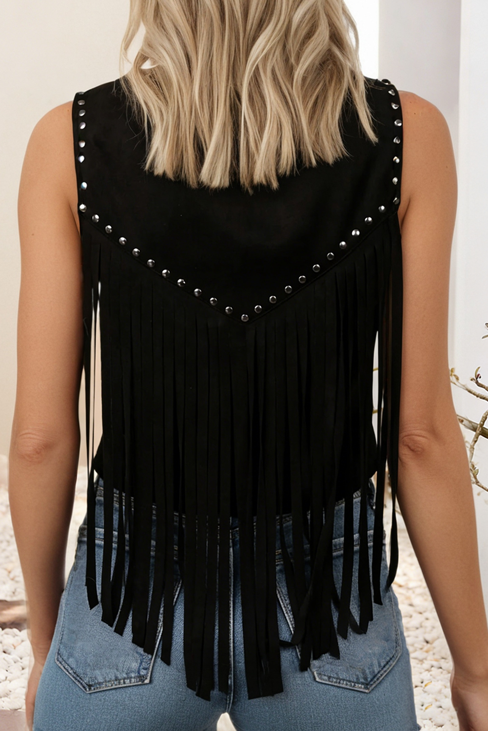 LDC Button Keyhole Stud Tassel Detail Sleeveless Top