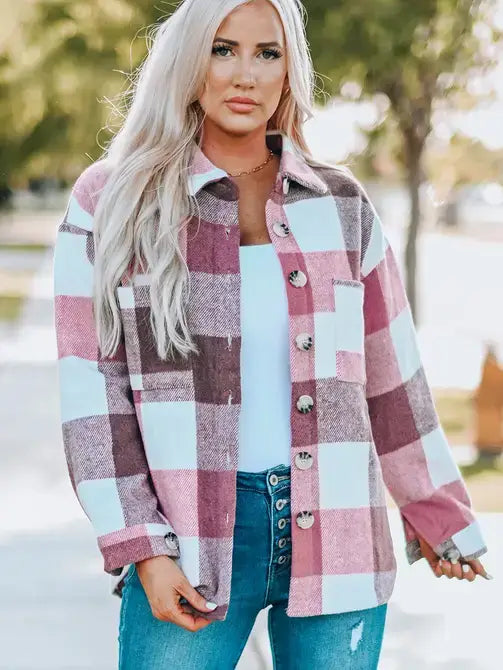 Plaid Color Block Buttoned Long Sleeve Jacket with Pocket