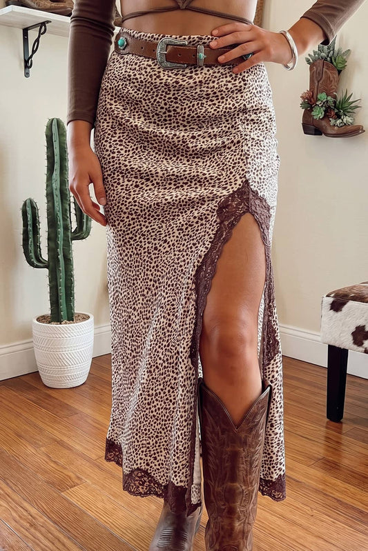 LDC Cheetah Ruched High Waist Lace Splicing Slit Skirt