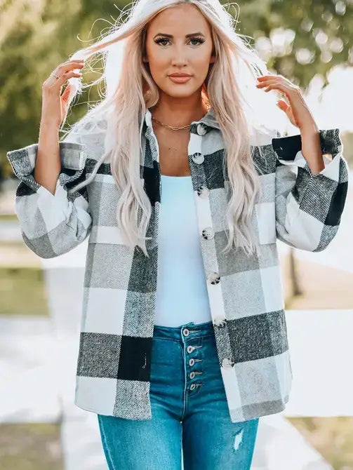 Plaid Color Block Buttoned Long Sleeve Jacket with Pocket