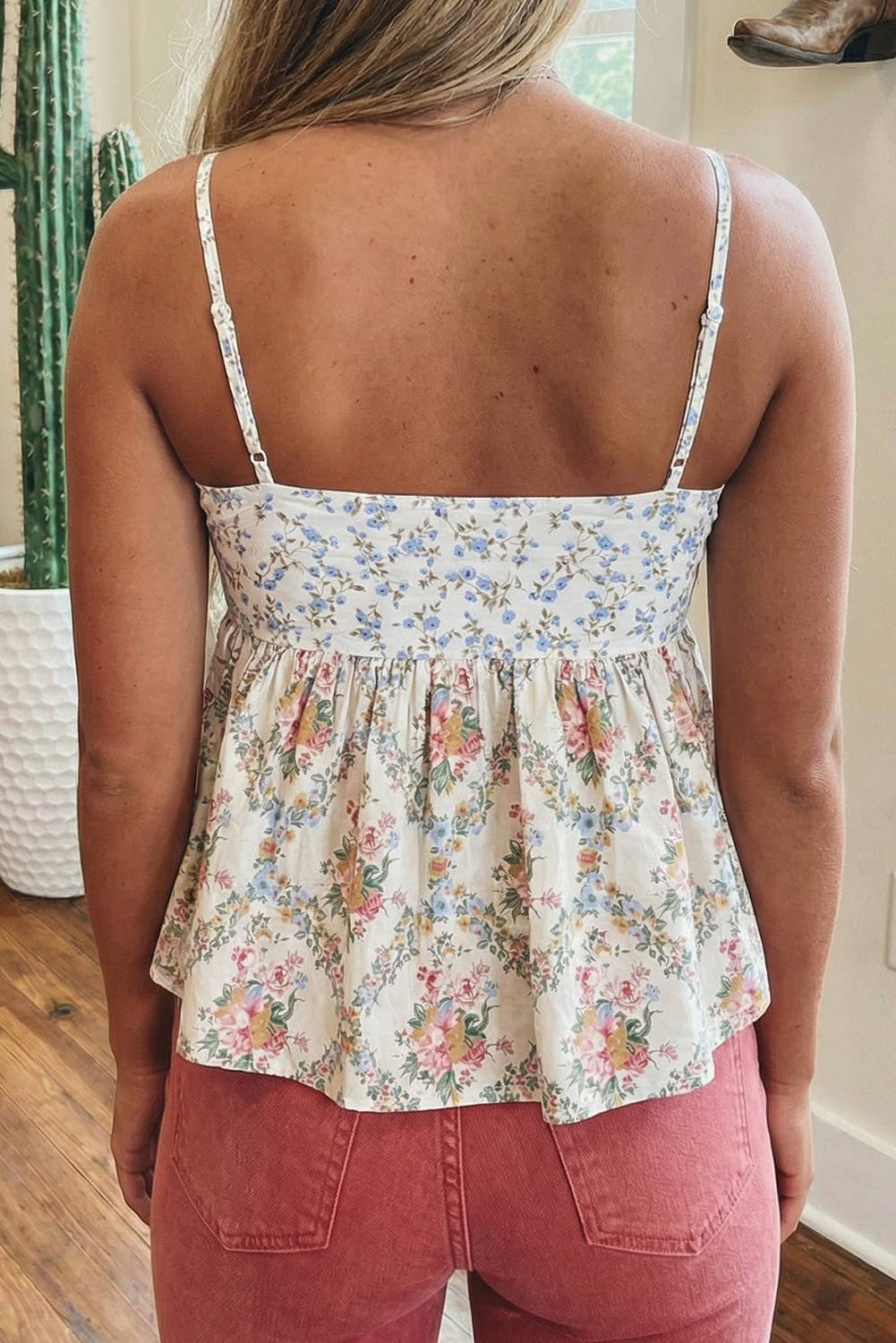 LDC Western Floral Patchwork Spaghetti Straps Babydoll Top