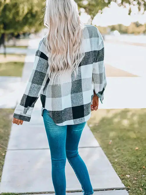 Plaid Color Block Buttoned Long Sleeve Jacket with Pocket