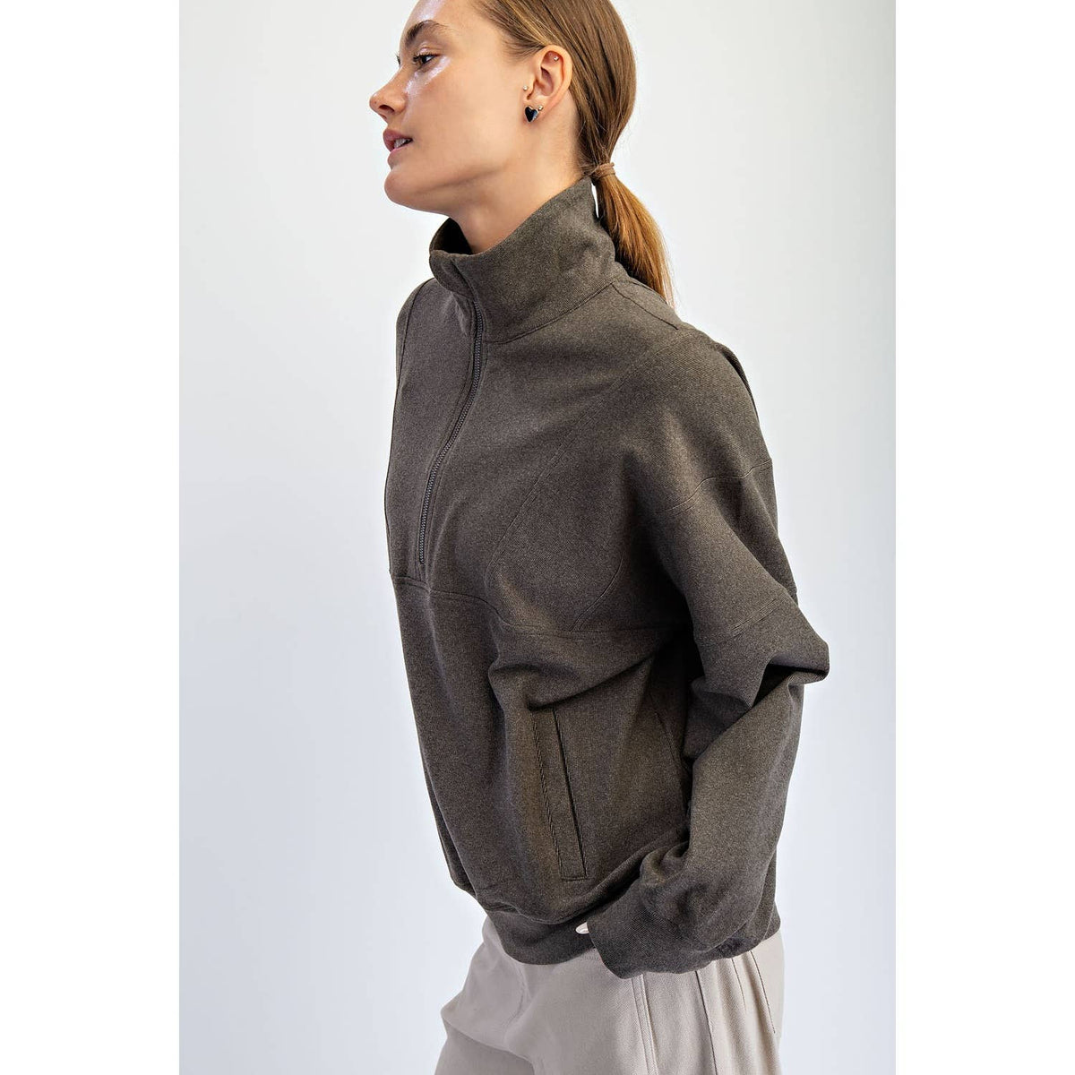 BRUSHED RIB QUARTER ZIP PULLOVER