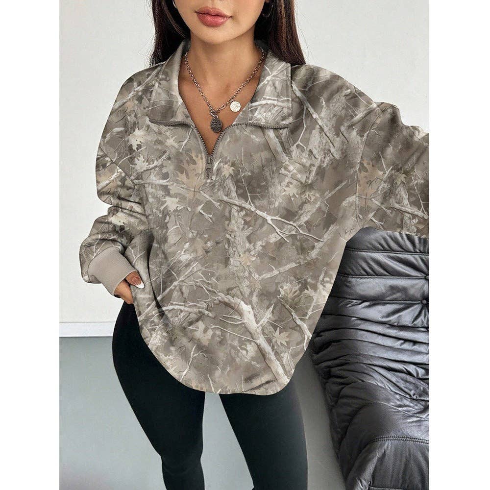 Oversized Woodland Camo Half Zip Pullover Sweatshirt