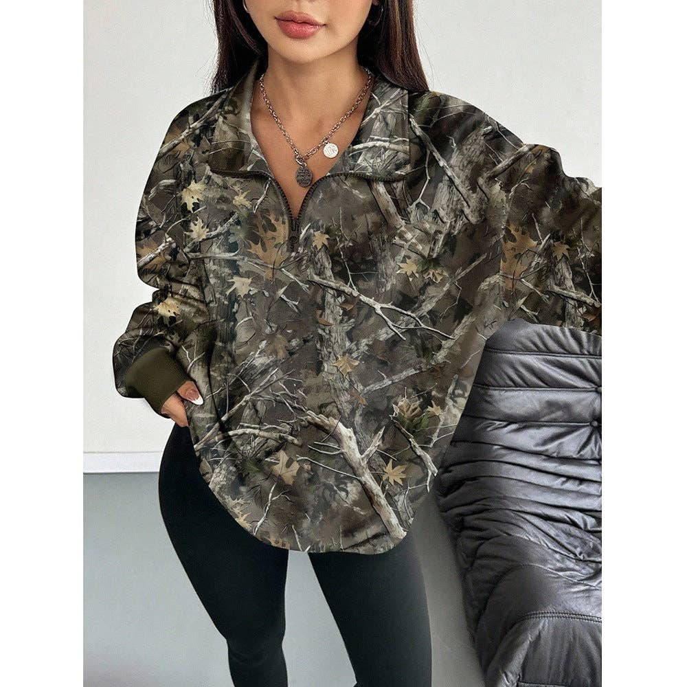 Oversized Woodland Camo Half Zip Pullover Sweatshirt