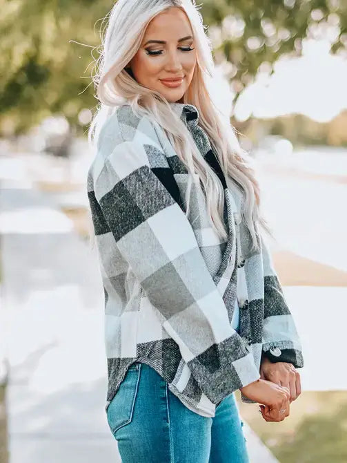 Plaid Color Block Buttoned Long Sleeve Jacket with Pocket