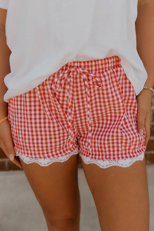 LDC Gingham Tie Elastic Waist Lace Patchwork Hem Shorts